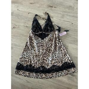 Jezebel Womens Leopard Animal Print Chemise with Lace Small  NWT